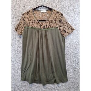 Spadehill Top Womens XL Olive Green Lace Crochet Yoke Short Sleeve Boho Peasant